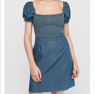 Smocked Puff Sleeve Mini Denim Dress